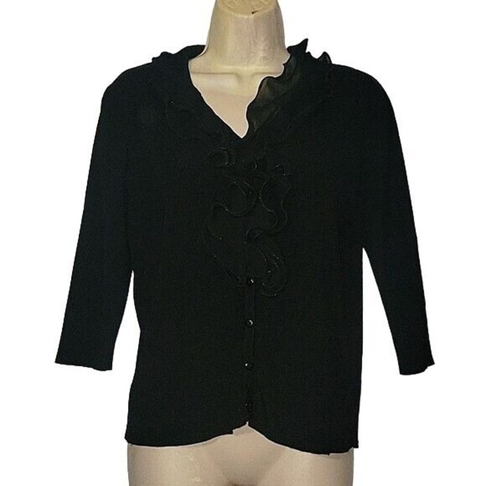 Black Ruffle Cardigan Button Down 3/4 Sleeve Top